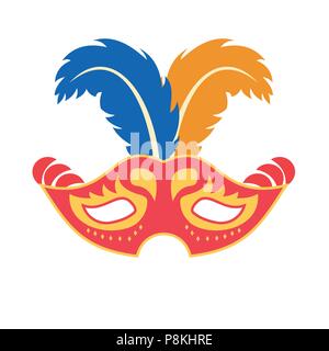 Joyeux Carnaval brésilien 24. masque de carnaval orange jaune avec des éléments de conception et les plumes jaune et bleu sur fond blanc. Pour la conception web et ap Illustration de Vecteur