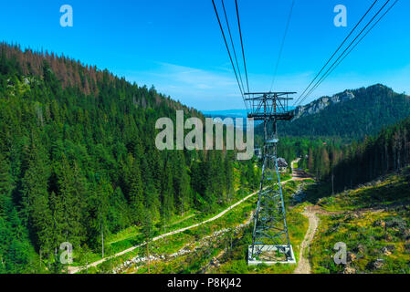 Descente de la montagne dans le funiculaire, le tournage d'un magnifique paysage de montagne à partir de la cabine, Pologne Banque D'Images