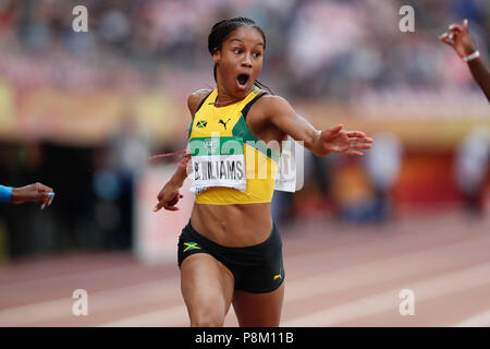 Tampere. 12 juillet, 2018. Briana Williams à partir de la Jamaïque est en compétition lors de la finale du 100 mètres des femmes à l'IAAF (Association Internationale des Fédérations d'athlétisme Championnats du Monde U20) à Tampere en Finlande le 12 juillet 2018. Williams a remporté la médaille d'or avec 11,16 secondes. Credit : Matti Matikainen/Xinhua/Alamy Live News Banque D'Images