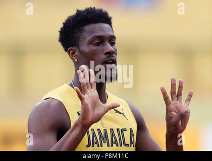 Tampere. 12 juillet, 2018. Damion Thomas de la Jamaïque est en concurrence au cours de la 110 mètres haies (99.0cm) à l'IAAF (Association Internationale des Fédérations d'athlétisme Championnats du Monde U20) à Tampere en Finlande le 12 juillet 2018. Thomas a remporté la médaille d'or avec 13,16 secondes. Credit : Matti Matikainen/Xinhua/Alamy Live News Banque D'Images