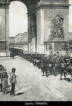 Les troupes allemandes, en passant sous l'Arc de Triomphe à Paris, France, 1 mars 1871, suite à la victoire prussienne dans la guerre franco-prussienne Banque D'Images