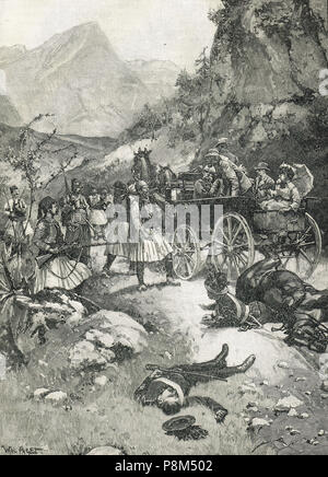 La capture de touristes anglais grec par les brigands, 12 avril 1870, À Oropos, près de Marathon, en Grèce Banque D'Images