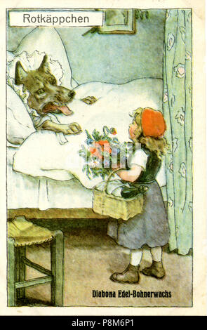 Le Petit Chaperon Rouge rencontre le loup déguisé en grand-mère au lit, F Schoen Banque D'Images