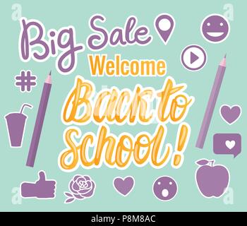 Vector Set Bienvenue à l'école, grosse vente lettrage à la main à l'aide d'icônes. La conception de l'enfant dans des couleurs modernes. Illustration de Vecteur