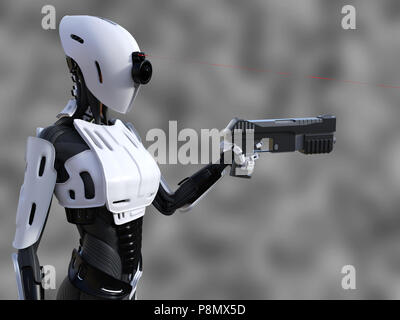 Le rendu 3D d'un robot android femelle avec faisceau laser rouge vue tenant un pistolet contre fond gris. Elle est prête à faire feu ! Banque D'Images