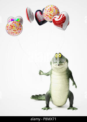 Le rendu 3D d'un mignon, sympathique caricature crocodile holding a bunch of balloons dans sa main. Banque D'Images