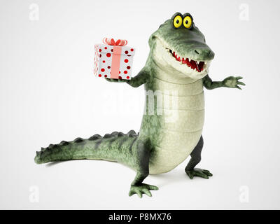 Le rendu 3D d'un dessin animé mignon, sympa la tenue d'un crocodile présent dans sa main. Banque D'Images
