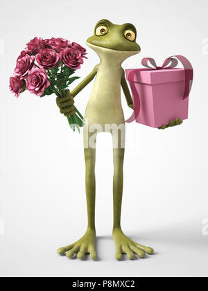 Le rendu 3D d'un dessin animé, souriant tenant une grenouille romantique bouquet de roses roses dans une main et un cadeau dans l'autre. Arrière-plan blanc. Banque D'Images
