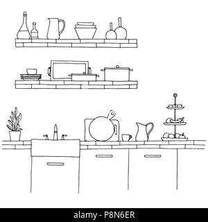 Plan de cuisine avec évier. L'esquisse de la cuisine Illustration de Vecteur