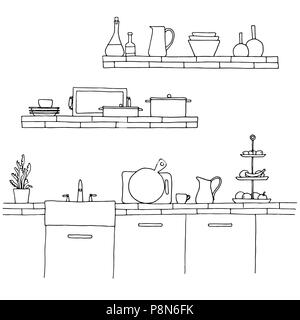 Plan de cuisine avec évier. L'esquisse de la cuisine Illustration de Vecteur