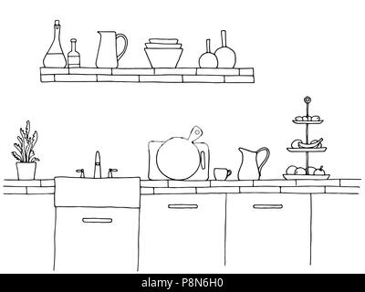 Plan de cuisine avec évier. L'esquisse de la cuisine. Illustration de Vecteur