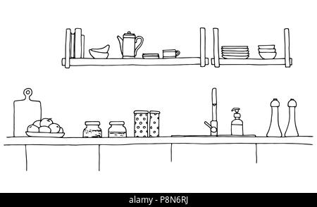 Plan de cuisine avec évier. L'esquisse de la cuisine. Illustration de Vecteur