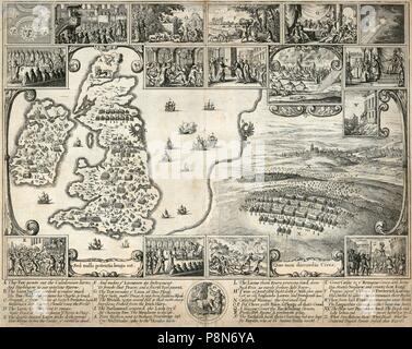 Carte des îles Britanniques et des illustrations d'événements historiques du 17ème siècle, c1659. Wenceslaus Hollar : artiste. Banque D'Images