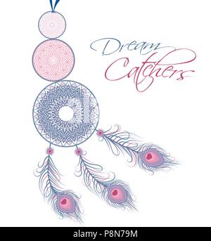 Vector illustration d'un dreamcatcher avec un paon plumes sur un fond blanc Illustration de Vecteur