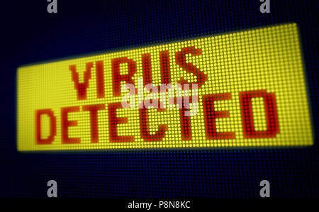 Virus détecté sur grand écran LED avec de gros pixels. Lumière vive sur des feux d'avertissement de l'ordinateur écran 3D illustration stylisée. Banque D'Images