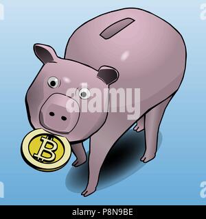 La tirelire porte bitcoin dans sa bouche. Illustration de Vecteur