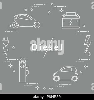 Interdiction des moteurs diesel. Le transport est respectueux de l'environnement. Voitures électriques, batterie, station de recharge, signe de sécurité électrique, câble, connecteur électrique Illustration de Vecteur