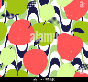 Fruits Apple modèle homogène. Rouge, vert et de pommes d'or avec des feuilles sur fond géométrique abstraite. Télévision Mode illustration Banque D'Images