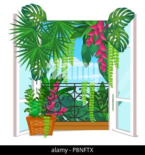 Fenêtre en bois vintage avec fleurs en pot sur le rebord isolé sur fond blanc. Cartoon Vector illustration close-up. Illustration de Vecteur
