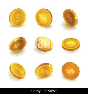 Illustration vectorielle Stock série réaliste des pièces d'or isolé sur fond blanc. Pièce d'or. Pièces d'or, argent, argent, argent liquide, icône, monnaie. EPS10 Illustration de Vecteur