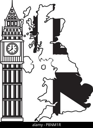 United kigndom drapeau dans la carte tour de Big Ben vector illustration noir et blanc Illustration de Vecteur