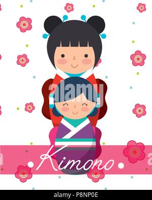 Poupées de kokeshi kimono japonais fleurs cute vector illustration Illustration de Vecteur