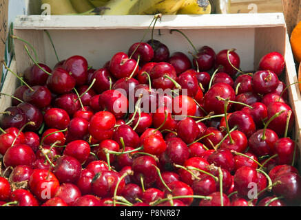 Une caisse en bois de cerise rouge lumineux shot close up Banque D'Images