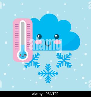 Nuage kawaii thermomètre froid hiver flocon cartoon vector illustration Illustration de Vecteur