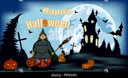 Sorcière, citrouille, lune, vecteur, bat, tour, croix, étoile, Inscription - happy Halloween Illustration de Vecteur