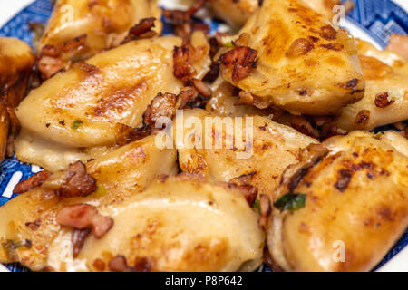 Vareniki Varenyky,, pierogi, pyrohy ou quenelles de fromage et de pommes de terre, servi avec l'oignon et le bacon sur une assiette bleue Banque D'Images