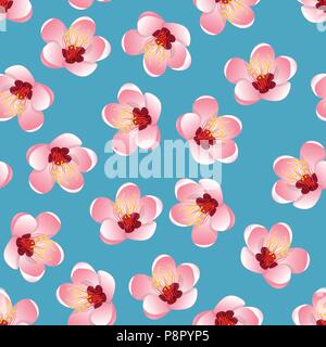 Prunus persica - Pêche Fleur Fleur sur fond bleu. Vector Illustration. Illustration de Vecteur