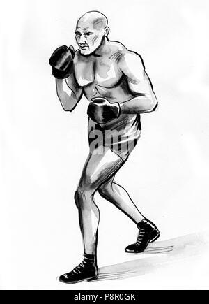 Boxe rétro homme. Illustration noir et blanc Encre Banque D'Images