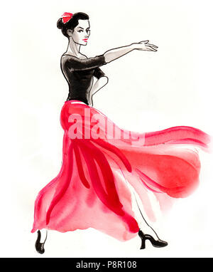 Belle danseuse de flamenco. Encre et aquarelle illustration Banque D'Images
