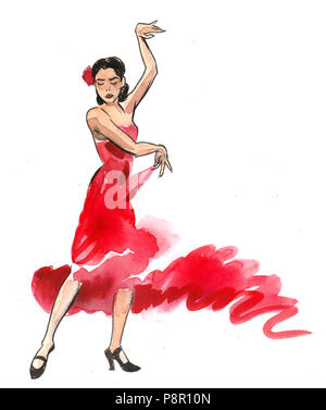 Belle danseuse de flamenco en robe rouge. Encre et aquarelle illustration Banque D'Images