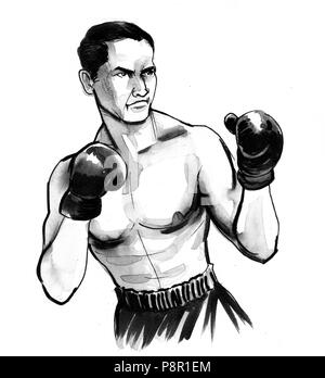 Homme de boxe. Illustration noir et blanc Encre Banque D'Images