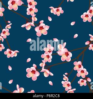 Prunus persica - Pêche Fleur Fleur sur fond bleu indigo. Vector Illustration. Illustration de Vecteur