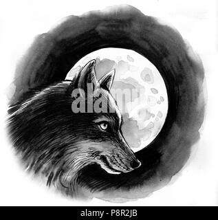 Le loup et la lune. Encre et aquarelle illustration Banque D'Images