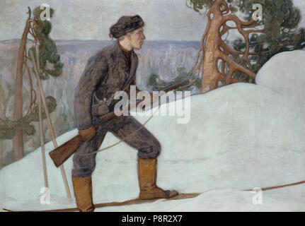 Lynx Hunter, 1900 (huile sur toile) par Halonen, Pekka (1865-1933); 125x180 cm; Ateneum Art Museum, Finnish National Gallery, Helsinki, Finlande; Pekka Halonen - Ilveksenhiihtäjä Banque D'Images