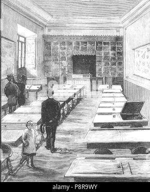 407, Madrid, Escuela-Modelo inaugurada el 21 de septiembre de 1885, clase de niñas en el piso principal, de Comba, la Ilustración Española y Americana, 30-09-1885 (rognée) Banque D'Images