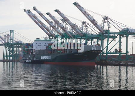Evergreen Container Ship, JAMAIS SMART, le soutage (ravitaillement) EVERPORT dans Le Terminal à conteneurs du Port de Los Angeles, Californie, USA. Banque D'Images