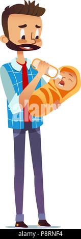 Man holding et l'alimentation de l'enfant nouveau-né avec biberon. Papa donner du lait à l'enfant. Seul père prendre soin de bébé. Mignon personnage isolé sur fond blanc. Télévision vector illustration. Illustration de Vecteur