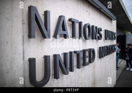 Genève, Suisse, le 18 août 2016 : vue extérieure de l'entrée principale à l'Office des Nations Unies à Genève (ONUG). Dans le monde d'utilisation | Banque D'Images