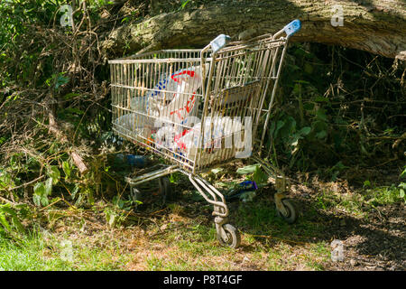 Jeter un panier avec des sacs en plastique et de détritus dans elle debout sur l'herbe, Cambridge, Royaume-Uni Banque D'Images