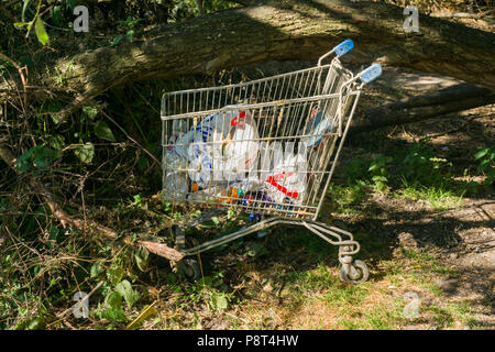 Jeter un panier avec des sacs en plastique et de détritus dans elle debout sur l'herbe, Cambridge, Royaume-Uni Banque D'Images