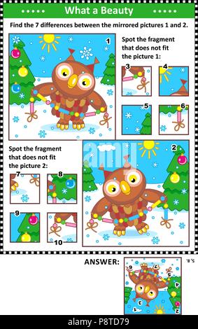 Nouvelle année ou de noël puzzles visuels avec owl et Garland. Trouvez les différences entre les images en miroir. La mauvaise place des fragments. Illustration de Vecteur