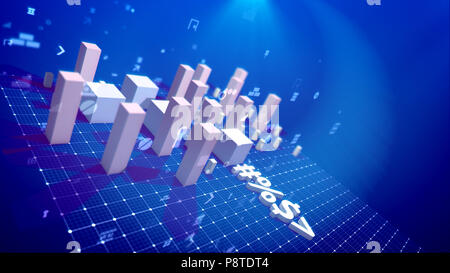 Les travaux d'un 3d illustration d'un graphique à barres et des symboles de l'ordinateur, y compris le support d'angle, nombre, dollar et p. 100 mettre en diagonale sur un réseau rigide Banque D'Images