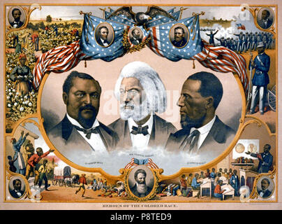 Impression a des tête-et-épaules portraits de Blanche Kelso Bruce, Frederick Douglass, et Hiram Rhoades respire entouré par des scènes de la vie américaine et africaine portraits de Jno. R. Lynch, Abraham Lincoln, James A. Garfield, Ulysses S. Grant, Joseph H. Rainey, Charles E. Nash, John Brown, et Robert Smalls. Banque D'Images
