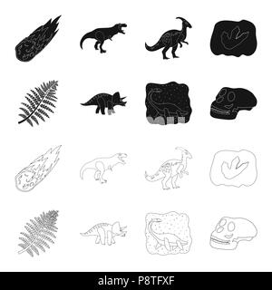 Dinosaure triceratops, mer,plante préhistorique, crâne humain. Jeu de dinosaures et préhistoire collection icônes de style du contour noir, symbole vecteur st Illustration de Vecteur