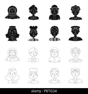 Une infirmière dans une robe de chambre, un cuisinier , un constructeur, un chauffeur de taxi .Les gens de différentes professions set collection icônes de style du contour noir,vector symb Illustration de Vecteur