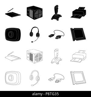 Webcam, écouteurs, câble USB, processeur. Ensemble d'ordinateurs personnels icônes collection en noir,style Contour Symbole vecteur illustration de stock . Illustration de Vecteur